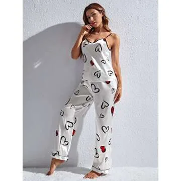 OYOANGLE Women's 2 Piece Pajamas Set Satin Heart Print Cami Top and Pants Loungewear White M