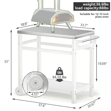 TORVA Outdoor Prep Grill Carts, 303 Stainless Steel Tabletop with High Load Capacity Portable BBQ Table, HDPE Durable Frame 2-Tier Storage Cart, White