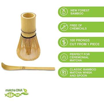 Bamboo Whisk (Chasen) and Hooked Bamboo Scoop (Chashaku) - Matcha Tea Whisk for Matcha Tea Preparation - MATCHA DNA Brand - Traditional Matcha Whisk Made from Durable and Sustainable Golden Bamboo