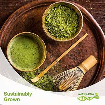 Bamboo Whisk (Chasen) and Hooked Bamboo Scoop (Chashaku) - Matcha Tea Whisk for Matcha Tea Preparation - MATCHA DNA Brand - Traditional Matcha Whisk Made from Durable and Sustainable Golden Bamboo