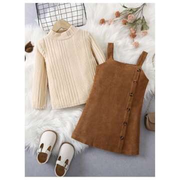 MakeMeChic Toddler Baby Girl Outfits Mock Neck Long Sleeve Top and Corduroy Button Overall Dress Sets Beige and Brown 6Y