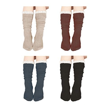 Vpogn 4 Pack Women Cotton Knit Boot Socks with Lace Trim in Multiple Colors