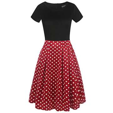 oxiuly Women's Vintage Dresses Dot Patchwork Pockets Puffy Swing Casual Party Dress OX165 (BK-Red dot, xx_l)
