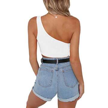 Minclouse Women's One Shoulder Sleeveless Crop Tops Summer Sexy Strappy Tank Tees White