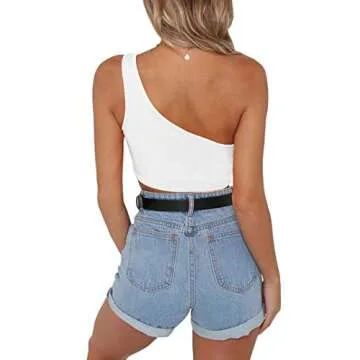 Minclouse Women's One Shoulder Sleeveless Crop Tops Summer Sexy Strappy Tank Tees White