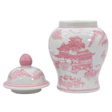 Galt International 8" Ceramic Ginger Jar w/Lid - Classic Chinese Style Porcelain Jar Tea Storage for Home Decor Decorative Centerpiece Vintage Accent Antique Vase Jingdezhen (Pink & White)