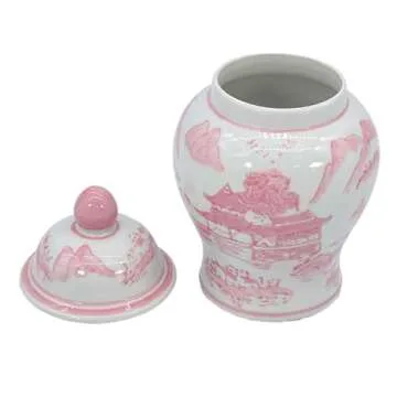 Galt International 8" Ceramic Ginger Jar w/Lid - Classic Chinese Style Porcelain Jar Tea Storage for Home Decor Decorative Centerpiece Vintage Accent Antique Vase Jingdezhen (Pink & White)