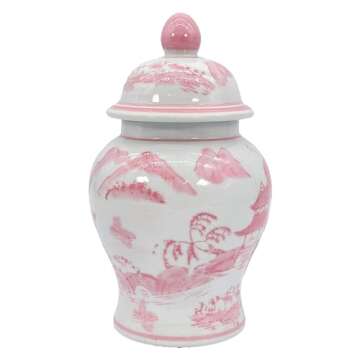 Galt International 8" Ceramic Ginger Jar w/Lid - Classic Chinese Style Porcelain Jar Tea Storage for Home Decor Decorative Centerpiece Vintage Accent Antique Vase Jingdezhen (Pink & White)