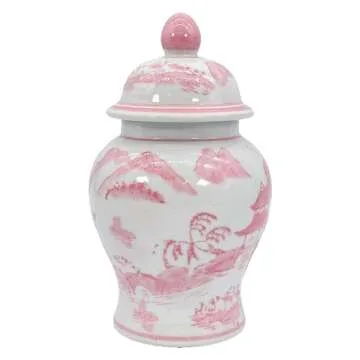 Galt International 8" Ceramic Ginger Jar w/Lid - Classic Chinese Style Porcelain Jar Tea Storage for Home Decor Decorative Centerpiece Vintage Accent Antique Vase Jingdezhen (Pink & White)