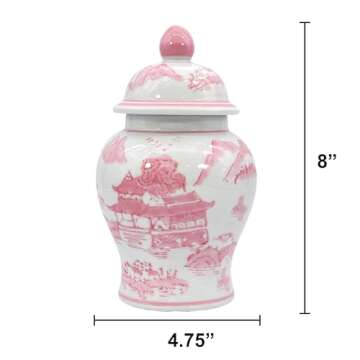 Galt International 8" Ceramic Ginger Jar w/Lid - Classic Chinese Style Porcelain Jar Tea Storage for Home Decor Decorative Centerpiece Vintage Accent Antique Vase Jingdezhen (Pink & White)
