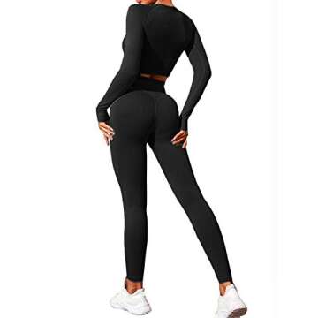 SUPJADE Buscando Workout Sets for Women 2 Piece Long Sleeve Seamless Crop Top Tank High Waist Ribbed Leggings