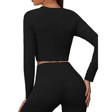 SUPJADE Buscando Workout Sets for Women 2 Piece Long Sleeve Seamless Crop Top Tank High Waist Ribbed Leggings