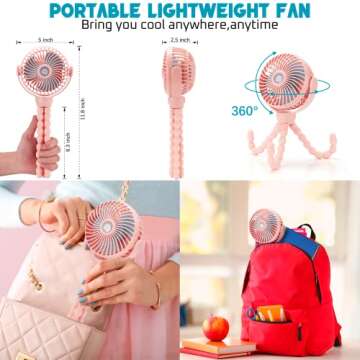 snawowo Upgraded Portable Baby Stroller Fan, 360°Rotate Rechargeable Mini Clip on Fan with Flexible Tripod for Treadmill Crib Car Seat Travel, 4000mAh Battery Powered Handheld Fan (Pink)
