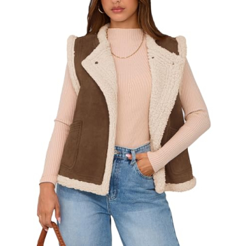 PRETTYGARDEN Women's Fall Fashion Faux Suede Vest Casual Sleeveless Button Down Fleece Sherpa Jacket...