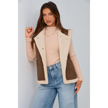 PRETTYGARDEN Women's Fall Fashion Faux Suede Vest Casual Sleeveless Button Down Fleece Sherpa Jacket Winter Coats Outerwear (Coffee,X-Large)