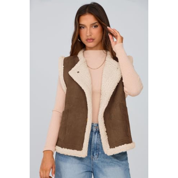 PRETTYGARDEN Women's Fall Fashion Faux Suede Vest Casual Sleeveless Button Down Fleece Sherpa Jacket Winter Coats Outerwear (Coffee,X-Large)