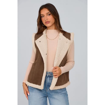 PRETTYGARDEN Women's Fall Fashion Faux Suede Vest Casual Sleeveless Button Down Fleece Sherpa Jacket Winter Coats Outerwear (Coffee,X-Large)