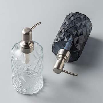 Easy Tang Glass Soap Dispenser Bathroom Kitchen 12 Oz Crystal Design with Silver Pump, Refillable Liquid Soap Dispenser (Green)