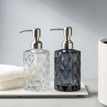 Easy Tang Glass Soap Dispenser Bathroom Kitchen 12 Oz Crystal Design with Silver Pump, Refillable Liquid Soap Dispenser (Green)