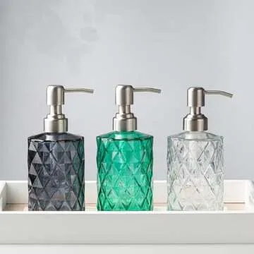 Easy Tang Glass Soap Dispenser Bathroom Kitchen 12 Oz Crystal Design with Silver Pump, Refillable Liquid Soap Dispenser (Green)
