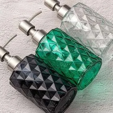 Easy Tang Glass Soap Dispenser Bathroom Kitchen 12 Oz Crystal Design with Silver Pump, Refillable Liquid Soap Dispenser (Green)