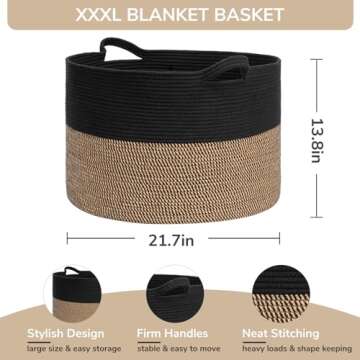 INDRESSME Large Storage Baskets for Organizing, 21.7 x 13.8 Blanket Basket Living Room Dog Toy Bin, Woven Laundry Basket for Dirty Clothes, Pillows, Towel, 90L Mix Black