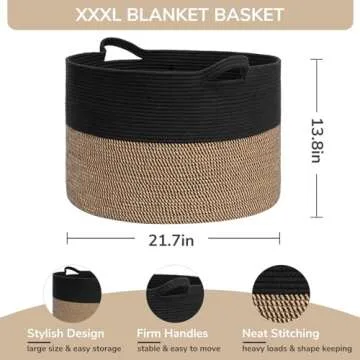 INDRESSME Large Storage Baskets for Organizing, 21.7 x 13.8 Blanket Basket Living Room Dog Toy Bin, Woven Laundry Basket for Dirty Clothes, Pillows, Towel, 90L Mix Black