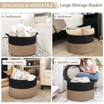 INDRESSME Large Storage Baskets for Organizing, 21.7 x 13.8 Blanket Basket Living Room Dog Toy Bin, Woven Laundry Basket for Dirty Clothes, Pillows, Towel, 90L Mix Black