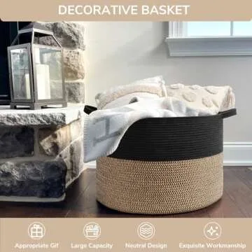 INDRESSME Large Storage Baskets for Organizing, 21.7 x 13.8 Blanket Basket Living Room Dog Toy Bin, Woven Laundry Basket for Dirty Clothes, Pillows, Towel, 90L Mix Black