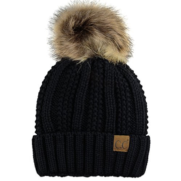 C.C Thick Cable Knit Faux Fuzzy Fur Pom Fleece Lined Skull Cap Cuff Beanie, Black