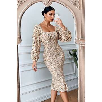 PRETTYGARDEN Long Puff Sleeve Floral Midi Bodycon Dress - Square Neck, Ruffle Hem, Smocked Design, P...