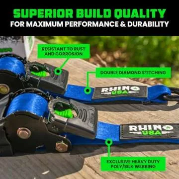 Rhino USA Retractable Ratchet Straps (4-Pack) - 2 Inch x 10 Feet (3,033lb Break Strength) - Heavy Duty Auto Self Retracting Tie Down Straps for Truck, Cargo Trailer, Motorcycle, Rad & More - Blue