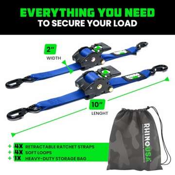 Rhino USA Retractable Ratchet Straps (4-Pack) - 2 Inch x 10 Feet (3,033lb Break Strength) - Heavy Duty Auto Self Retracting Tie Down Straps for Truck, Cargo Trailer, Motorcycle, Rad & More - Blue