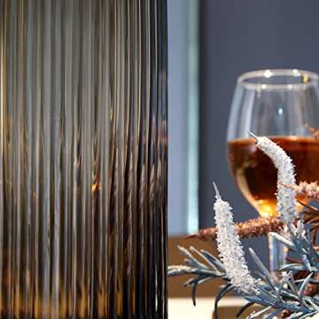 Dinyeo Large Cylinder Ribbed Brown Glass Flower Vase for Farmhouse Dining Table Centerpieces Decor