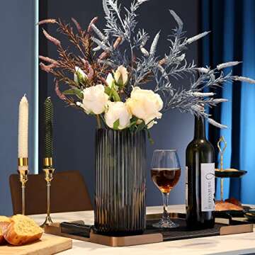 Dinyeo Large Cylinder Ribbed Brown Glass Flower Vase for Farmhouse Dining Table Centerpieces Decor