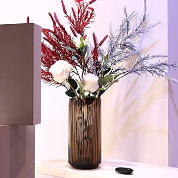 Dinyeo Large Cylinder Ribbed Brown Glass Flower Vase for Farmhouse Dining Table Centerpieces Decor