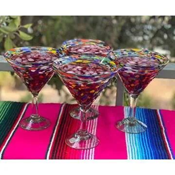 Mexican Hand Blown Glass – Set of 4 Hand Blown Modern Margarita Glasses - Confetti Rock (12 oz)
