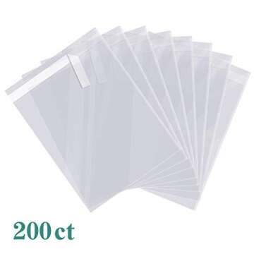 DeELF 9 x 12 Inch Clear Cellophane Bags, 200ct Self-Adhesive Sealing Strip Treat Bags in Bulk, Plastic Cello Bags for Safe Packing Food, Cookies, Candies, Fruits, Clothes and Shirts, 1.6Mil Thickness
