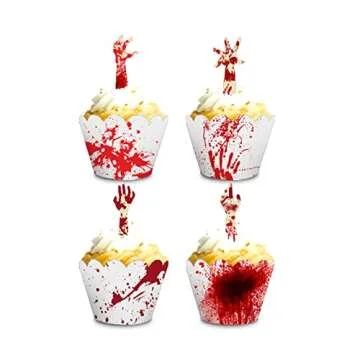 48 Pieces Halloween Cupcake Toppers Cupcake Wrappers Kit Bloody Zombie Hand Cake Decoration for Halloween Party Kitchen Cupcake Baking