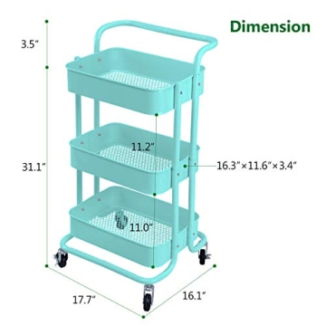 3-Tier Rolling Cart Organizer in Turquoise Color