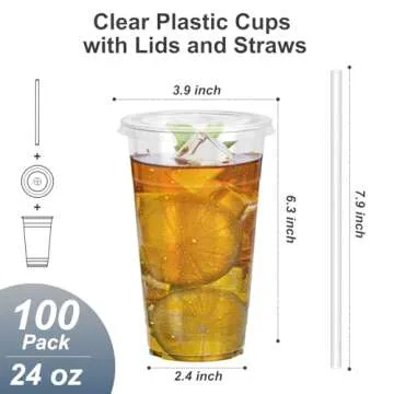 Dealusy 100 Pack - 24 oz Clear Plastic Cups with Lids and Straws, Sturdy & Food Safe Iced Coffee Cup...