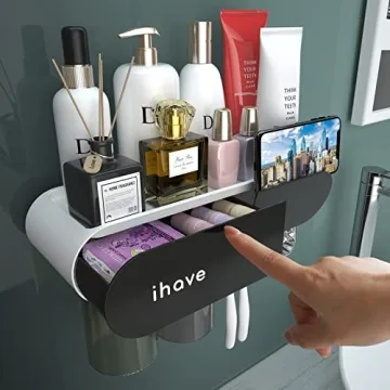 Modern Black Toothbrush Holder with Toothpaste Dispenser