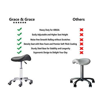 Grace&Grace Professional Saddle Stool Series Hydraulic Swivel Comfortable Ergonomic with Heavy Duty Metal Base for Clinic Dentist Spa Massage Salons Studio