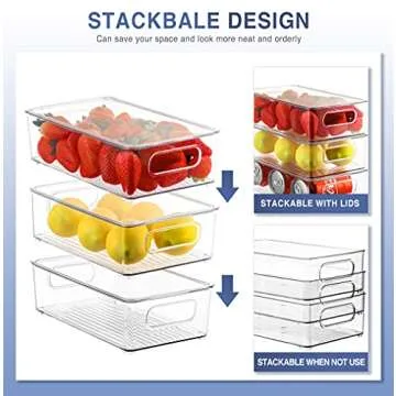 ESARORA Refrigerator Organizer Bins with Lids, 10 PACK Small Stackable Clear Fridge Bins with Handles For Fridge, Freezer, Kitchen Cabinet, Pantry Organization, BPA Free Freezer Organizer Bins