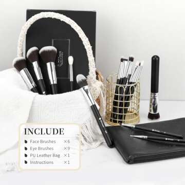 DUcare Makeup Brushes with Bag,15Pcs Makeup Brush Set Christmas Gift Travel Kabuki Foundation Blending Blush Eyeliner Shadow Brow Concealer Brushes Kit Black