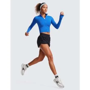 CRZ YOGA Womens Butterluxe Full Zip Cropped Workout Jacket Slim Fit Lightweight Athletic Yoga Tops with Thumb Holes Sparkle Blue Medium