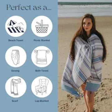 InfuseZen Turkish Bath & Beach Towel – Colorful Striped Design - 100% Organic Turkish Cotton - Soft, Lightweight, Absorbent Peshtemal, Quick Dry, Sand Free – for Pool, Gym, Throw, Travel - Navy