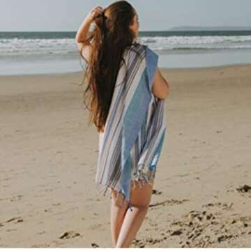 InfuseZen Turkish Bath & Beach Towel – Colorful Striped Design - 100% Organic Turkish Cotton - Soft, Lightweight, Absorbent Peshtemal, Quick Dry, Sand Free – for Pool, Gym, Throw, Travel - Navy