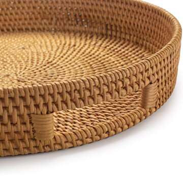 Coffee Table Tray Round Rattan Ottoman Tray Woven Serving Trays with Handles for Home and Kitchen De...