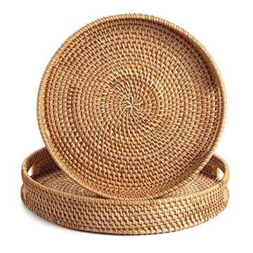 Coffee Table Tray Round Rattan Ottoman Tray Woven Serving Trays with Handles for Home and Kitchen Decorative Natural (Large 14 inch x 2.8 inch)